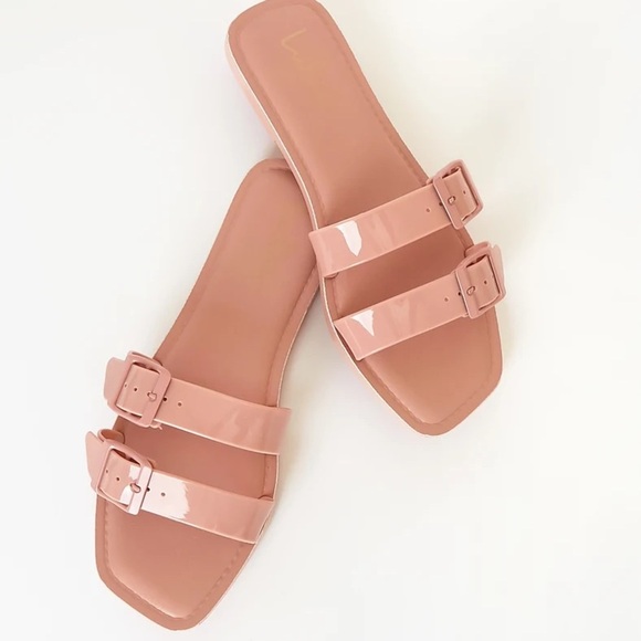 Blush Pink Patent Buckled Slide Sandals - Picture 1 of 4